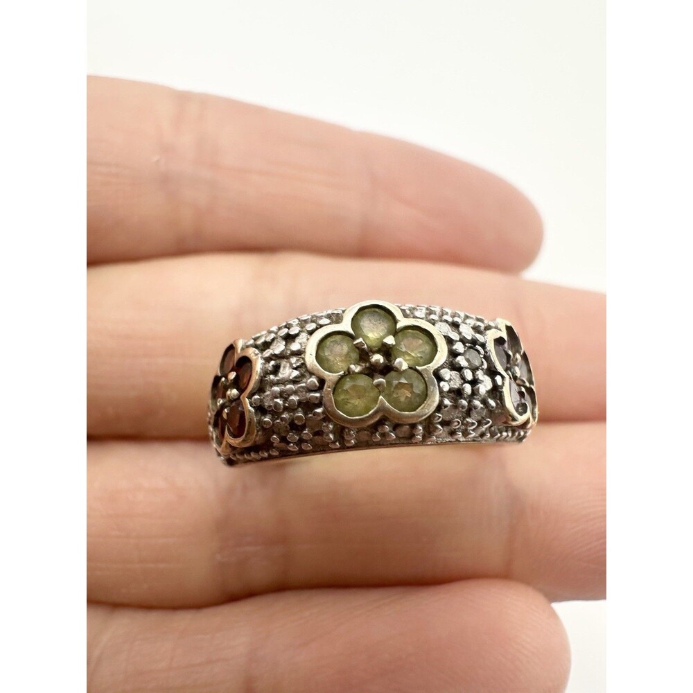 925 Sterling Silver Natural Garnet Peridot Amethyst Diamond Flower Ring Size 6